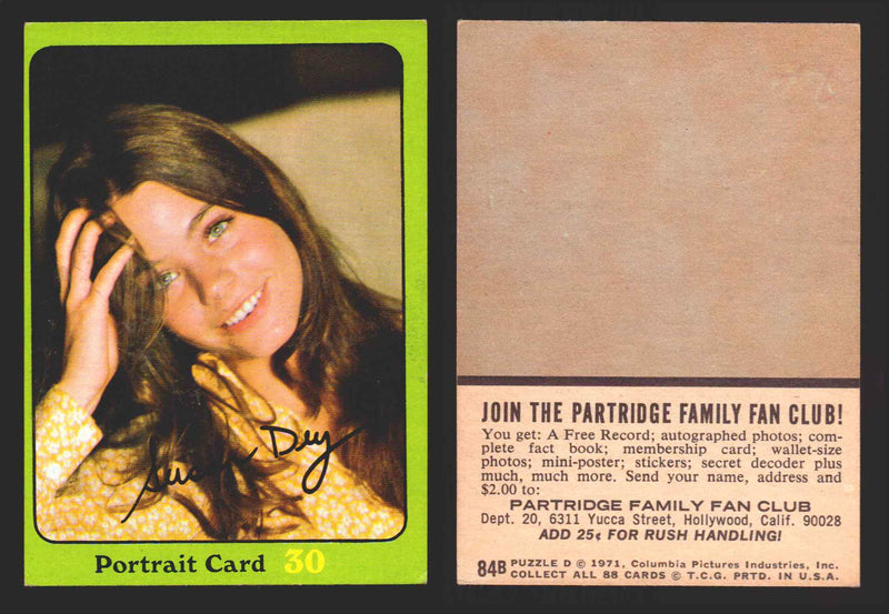 1971 The Partridge Family Series 3 Green You Pick Single Cards #1-88B Topps USA #	84B   Portrait Card 30: Susan Dey  - TvMovieCards.com