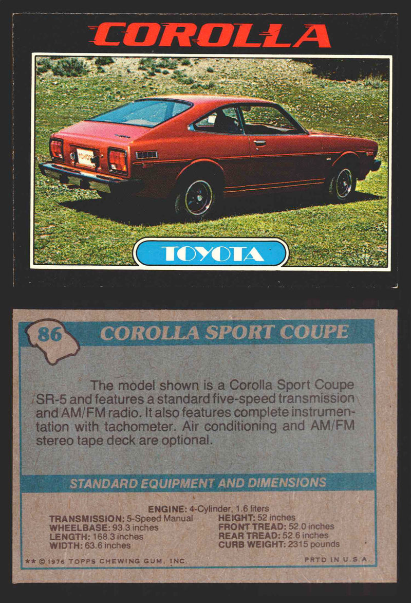 1976 Autos of 1977 Vintage Trading Cards You Pick Singles #1-99 Topps 86   Corolla Sport Coupe  - TvMovieCards.com