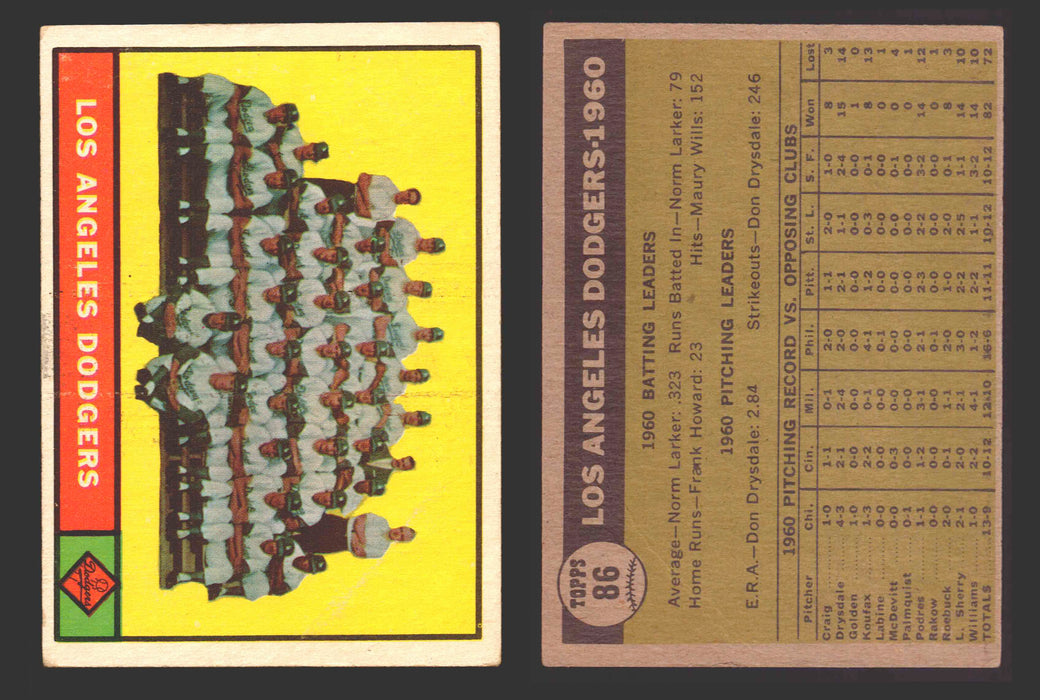 1961 Topps Baseball Trading Card You Pick Singles #1-#99 VG/EX #	86 Los Angeles Dodgers Team (creased)  - TvMovieCards.com