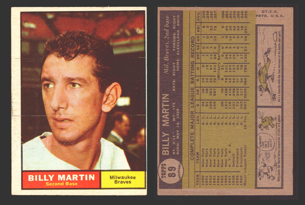 1961 Topps Baseball Trading Card You Pick Singles #1-#99 VG/EX #	89 Billy Martin - Milwaukee Braves  - TvMovieCards.com