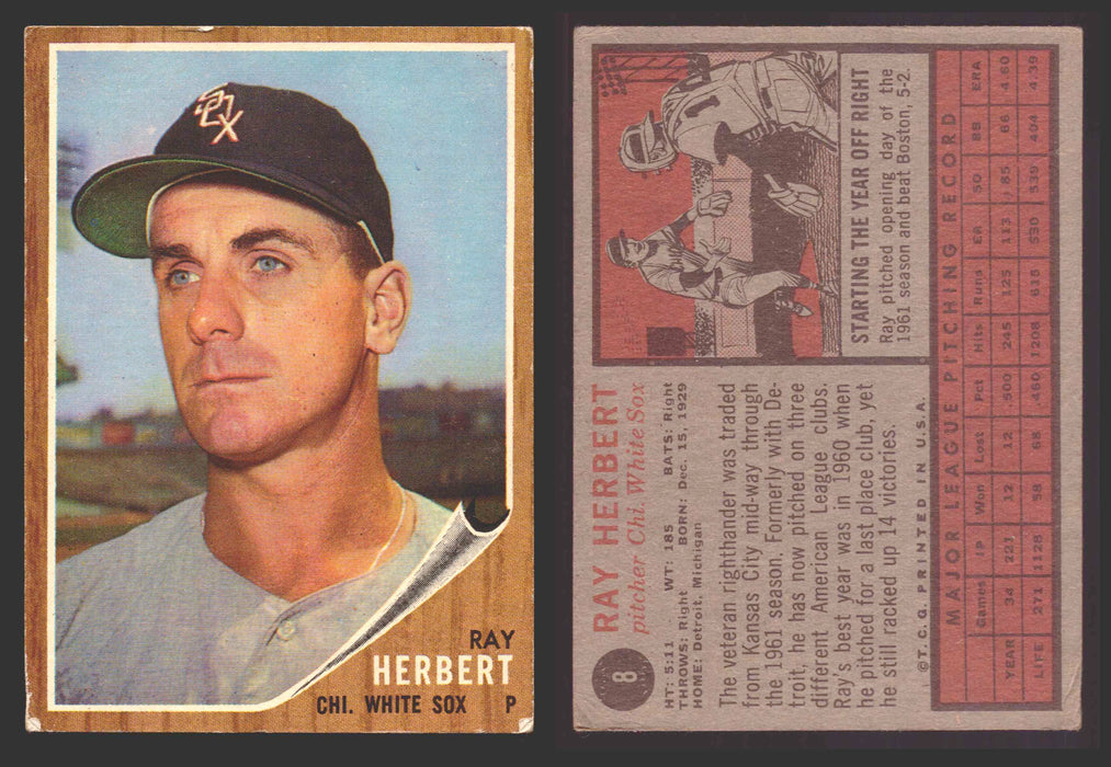 1962 Topps Baseball Trading Card You Pick Singles #1-#99 VG/EX #	8 Ray Herbert - Chicago White Sox  - TvMovieCards.com