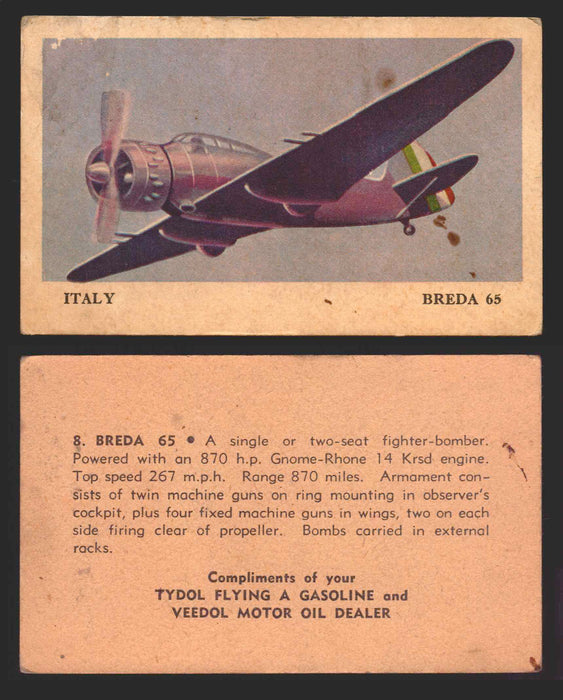 1940 Tydol Aeroplanes Flying A Gasoline You Pick Single Trading Card #1-40 #	8	Breda 65  - TvMovieCards.com