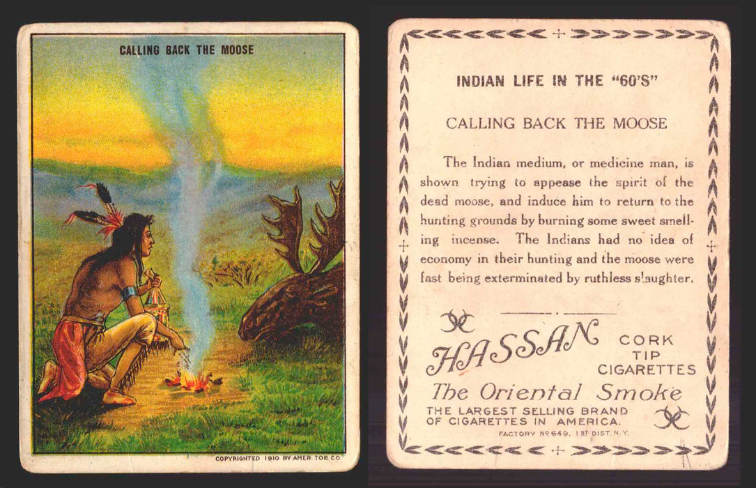 1910 T73 Hassan Cigarettes Indian Life In The 60's Tobacco Trading Cards Singles #8 Calling Back The Elk  - TvMovieCards.com