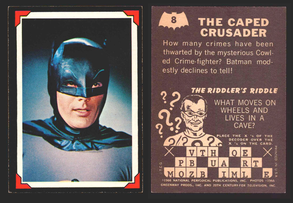 Batman Riddler Back Vintage Trading Card You Pick Singles #1-#38 Topps 1966 #	  8   The Caped Crusader  - TvMovieCards.com