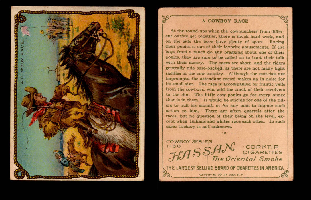 1909 T53 Hassan Cigarettes Cowboy Series #1-50 Trading Cards Singles #8 A Cowboy Race  - TvMovieCards.com