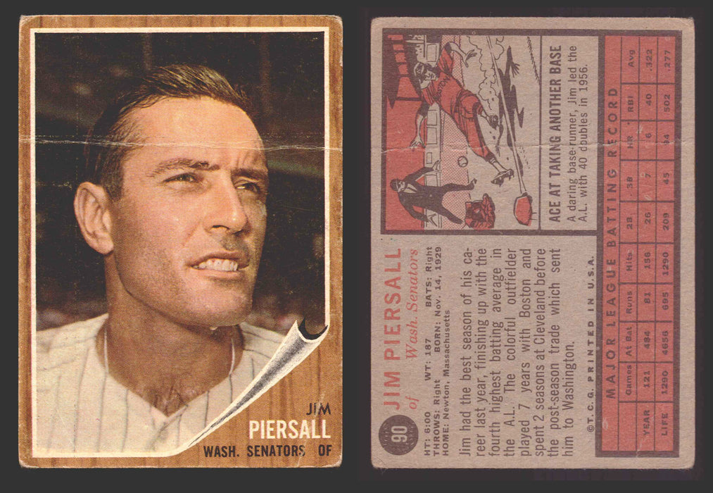 1962 Topps Baseball Trading Card You Pick Singles #1-#99 VG/EX #	90 Jim Piersall - Washington Senators  (creased)  - TvMovieCards.com