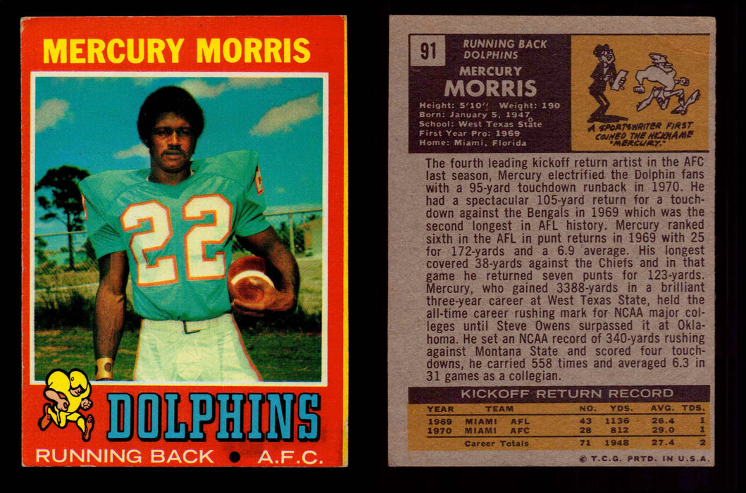 1971 Topps Football Trading Card You Pick Singles #1-#263 G/VG/EX #	91	Mercury Morris (R) (creased corner)  - TvMovieCards.com