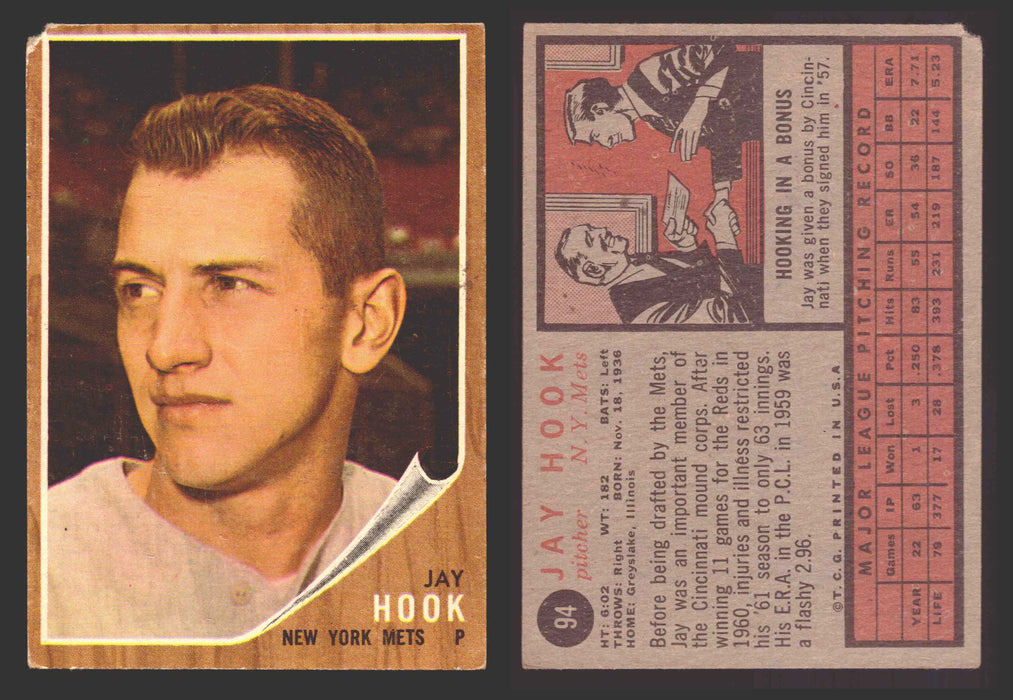 1962 Topps Baseball Trading Card You Pick Singles #1-#99 VG/EX #	94 Jay Hook - New York Mets  - TvMovieCards.com