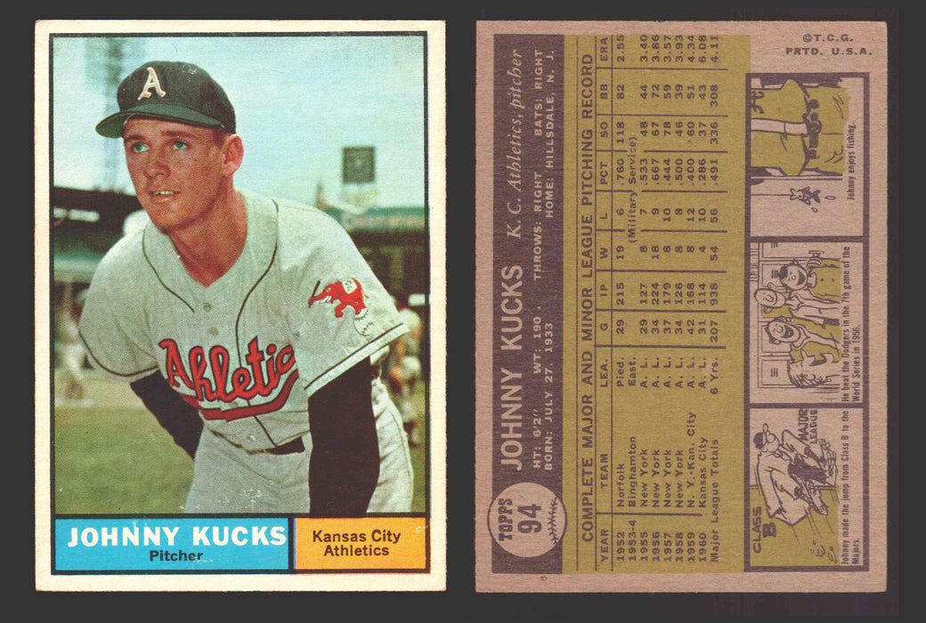 1961 Topps Baseball Trading Card You Pick Singles #1-#99 VG/EX #	94 Johnny Kucks - Kansas City Athletics  - TvMovieCards.com