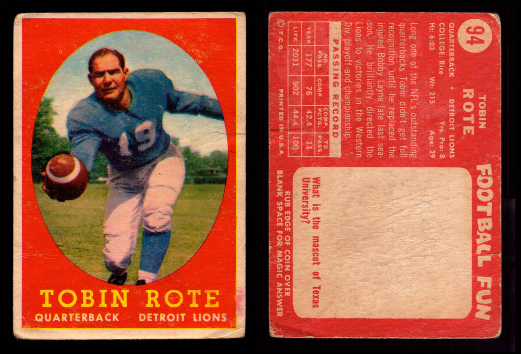 1958 Topps Football Trading Card You Pick Singles #1-#132 VG/EX #	94	Tobin Rote  - TvMovieCards.com