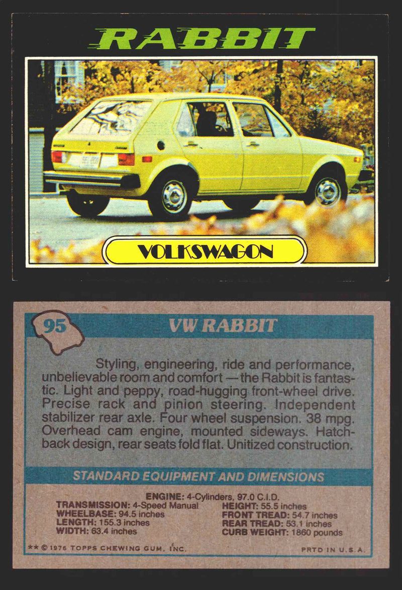 1976 Autos of 1977 Vintage Trading Cards You Pick Singles #1-99 Topps 95   VW Rabbit  - TvMovieCards.com