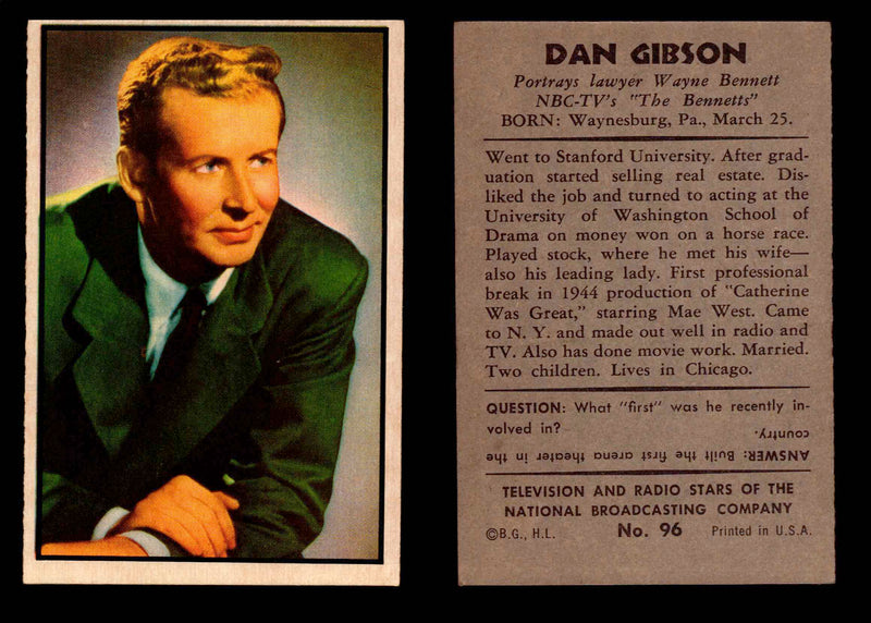 1953 Bowman NBC TV & Radio Stars Vintage Trading Card You Pick Singles #1-96 #96 Dan Gibson  - TvMovieCards.com