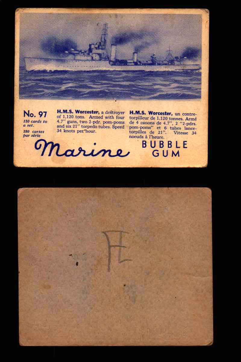 1944 Marine Bubble Gum World Wide V403-1 Vintage Trading Card #1-120 Singles #97 H.M.S. Worcester  - TvMovieCards.com