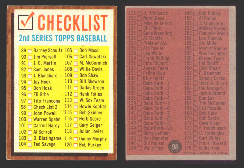 1962 Topps Baseball Trading Card You Pick Singles #1-#99 VG/EX #	98 Checklist 89-176  - TvMovieCards.com