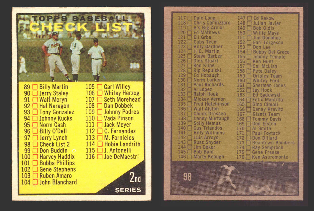 1961 Topps Baseball Trading Card You Pick Singles #1-#99 VG/EX #	98 Checklist 89-176  - TvMovieCards.com