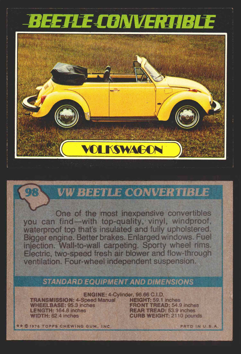 1976 Autos of 1977 Vintage Trading Cards You Pick Singles #1-99 Topps 98   VW Beetle Convertible  - TvMovieCards.com