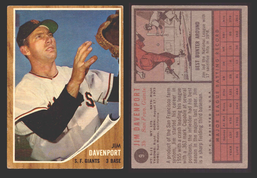 1962 Topps Baseball Trading Card You Pick Singles #1-#99 VG/EX #	9 Jim Davenport - San Francisco Giants  - TvMovieCards.com