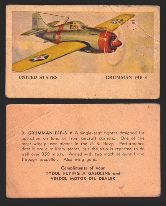 1940 Tydol Aeroplanes Flying A Gasoline You Pick Single Trading Card #1-40 #	9	Grumman F4F-3  - TvMovieCards.com