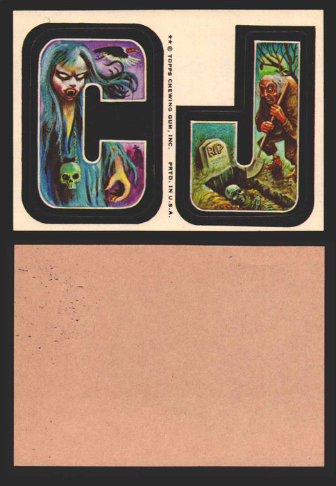 1973-74 Monster Initials Vintage Sticker Trading Cards You Pick Singles #1-#132 C J (Vampress/Gravedigger)  - TvMovieCards.com