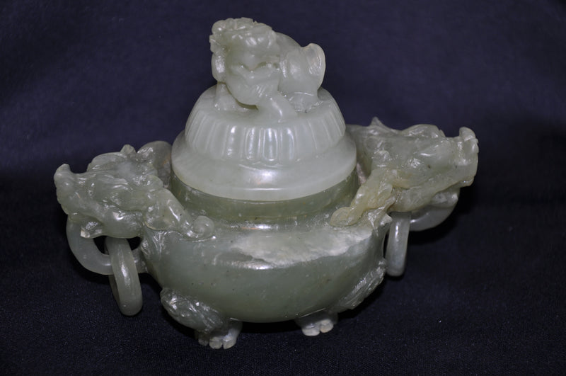 Antique Chinese Green Jade Carved Dragon Ink Well - Dog Mini Vase Perfume   - TvMovieCards.com