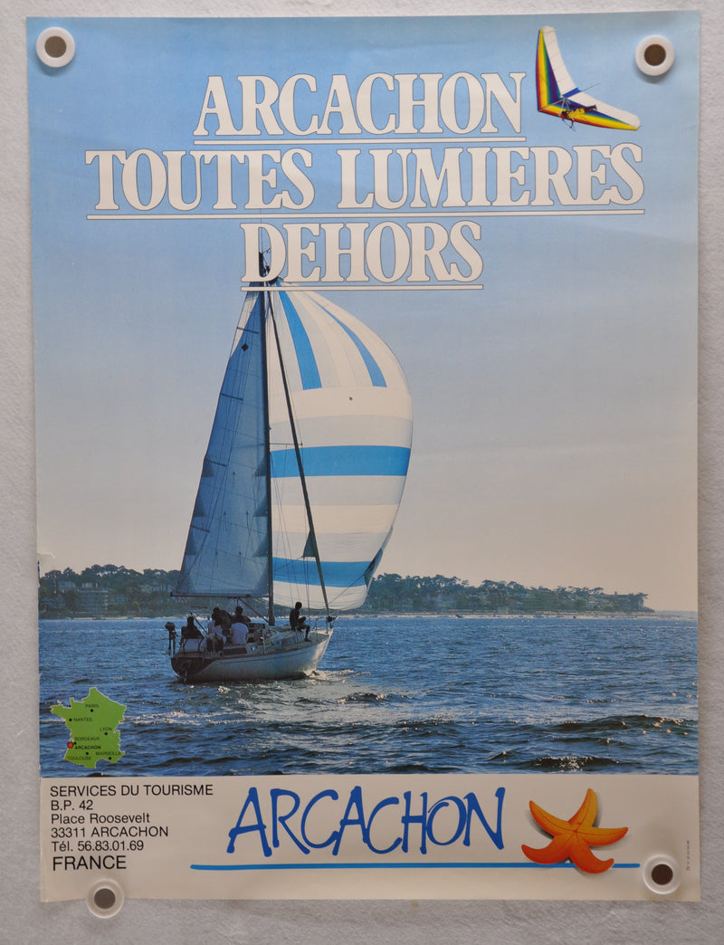 Vintage 1970s "Arcachon Toutes Lumieres Dehors" France Travel Poster 23" x 31"   - TvMovieCards.com