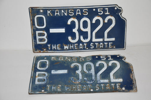 1951 Kansas License Plate Pair # OB-3922 Osbourne County Car Tag Man Cave Chevy   - TvMovieCards.com