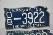 1951 Kansas License Plate Pair # OB-3922 Osbourne County Car Tag Man Cave Chevy   - TvMovieCards.com