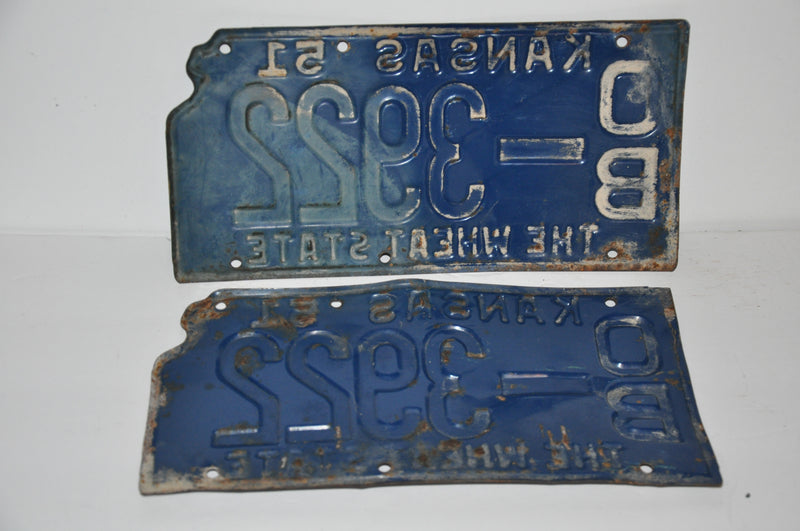 1951 Kansas License Plate Pair # OB-3922 Osbourne County Car Tag Man Cave Chevy   - TvMovieCards.com