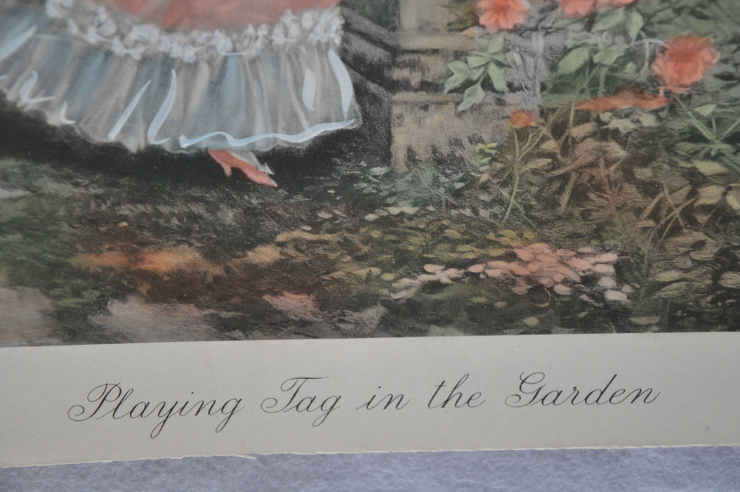 French "Playing Tag in the Garden " Lithograph Hand Colored Print   - TvMovieCards.com