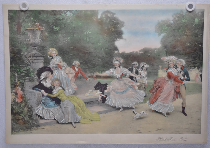 French "Blind Man's Buff " Lithograph Hand Colored Art Print 22 x 31   - TvMovieCards.com