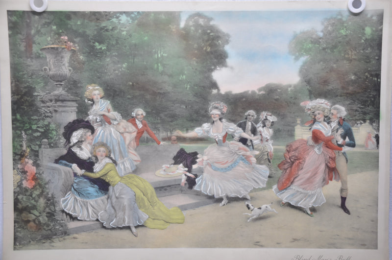 French "Blind Man's Buff " Lithograph Hand Colored Art Print 22 x 31   - TvMovieCards.com