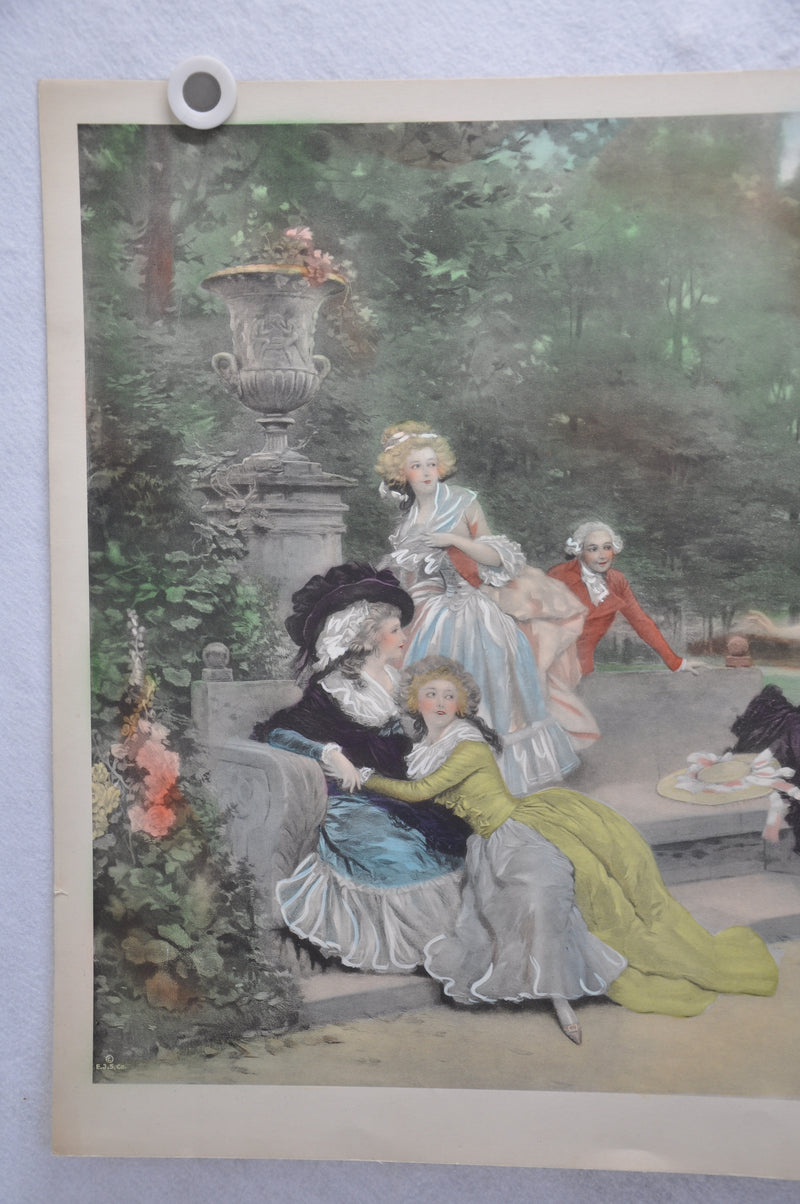 French "Blind Man's Buff " Lithograph Hand Colored Art Print 22 x 31   - TvMovieCards.com