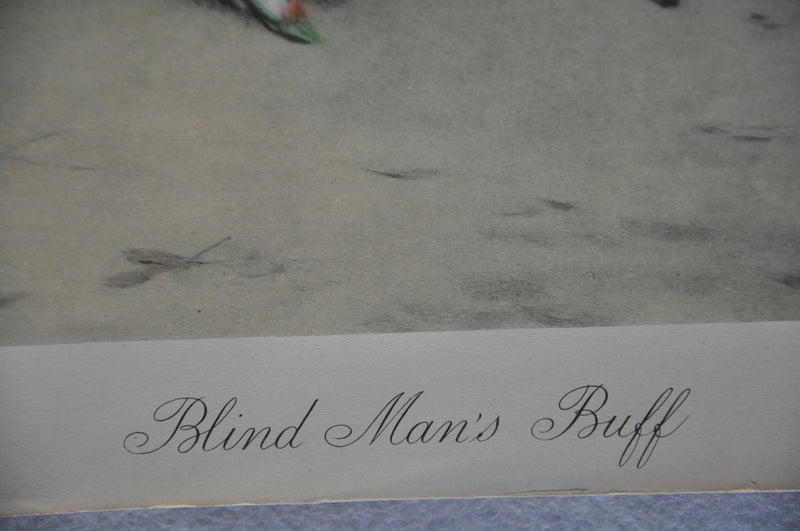 French "Blind Man's Buff " Lithograph Hand Colored Art Print 22 x 31   - TvMovieCards.com