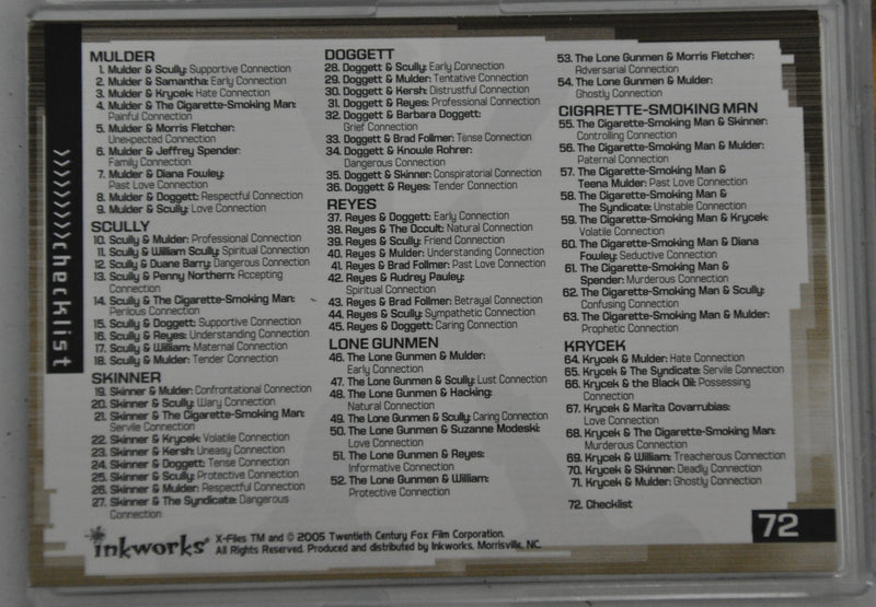 The X-Files Connections Inkworks - 2005 Trading Base Card Set 72 Cards   - TvMovieCards.com