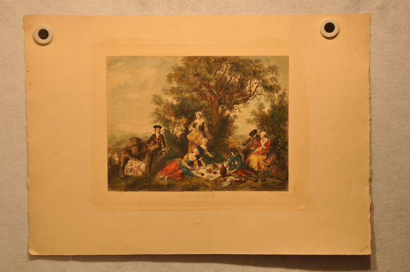 Lancret Pinxit "L'Automne" T De Mare Sculp 1890 18"x28" Colored Etching Print   - TvMovieCards.com