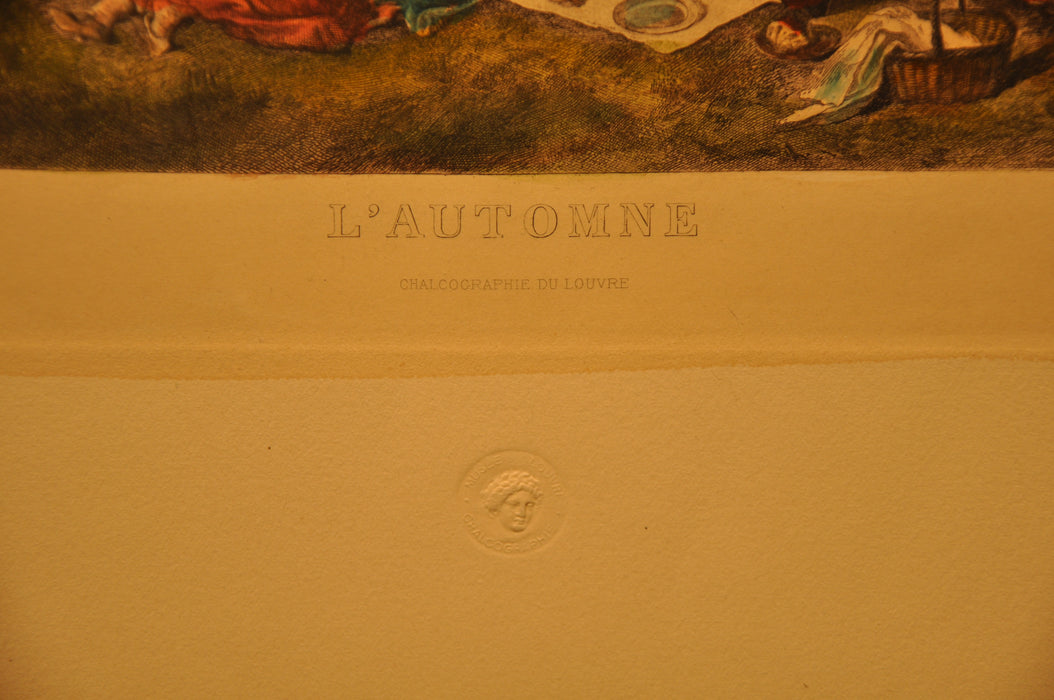 Lancret Pinxit "L'Automne" T De Mare Sculp 1890 18"x28" Colored Etching Print   - TvMovieCards.com