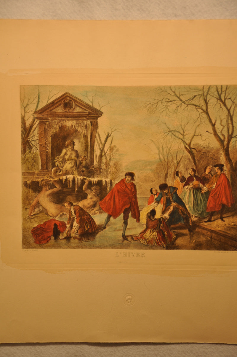 Lancret Pinxit "L'Hiver" T De Mare Sculp 1886 20"x26" Color Etching Print   - TvMovieCards.com