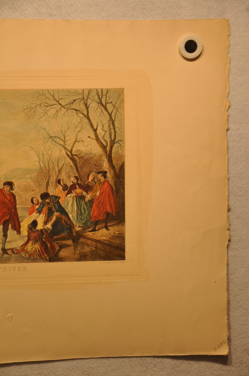 Lancret Pinxit "L'Hiver" T De Mare Sculp 1886 20"x26" Color Etching Print   - TvMovieCards.com