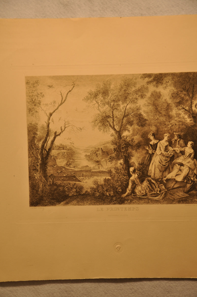 Lancret Pinxit "Le Printemps" Champollion Sculp 1890 20"x26" Etching Print   - TvMovieCards.com