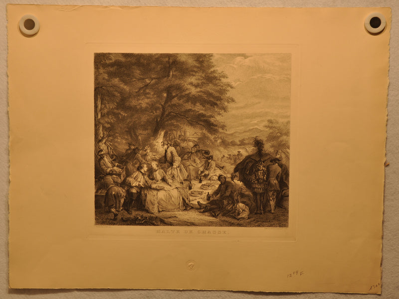 Carle Van Loo "Halte De Chasse" Edmond Hedouin Sculp 1874 20"x26" Etching Print   - TvMovieCards.com