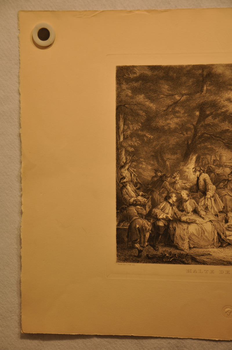 Carle Van Loo "Halte De Chasse" Edmond Hedouin Sculp 1874 20"x26" Etching Print   - TvMovieCards.com