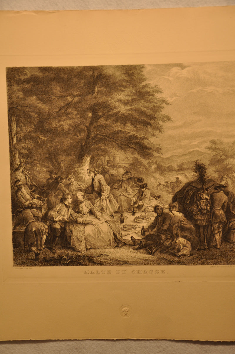 Carle Van Loo "Halte De Chasse" Edmond Hedouin Sculp 1874 20"x26" Etching Print   - TvMovieCards.com