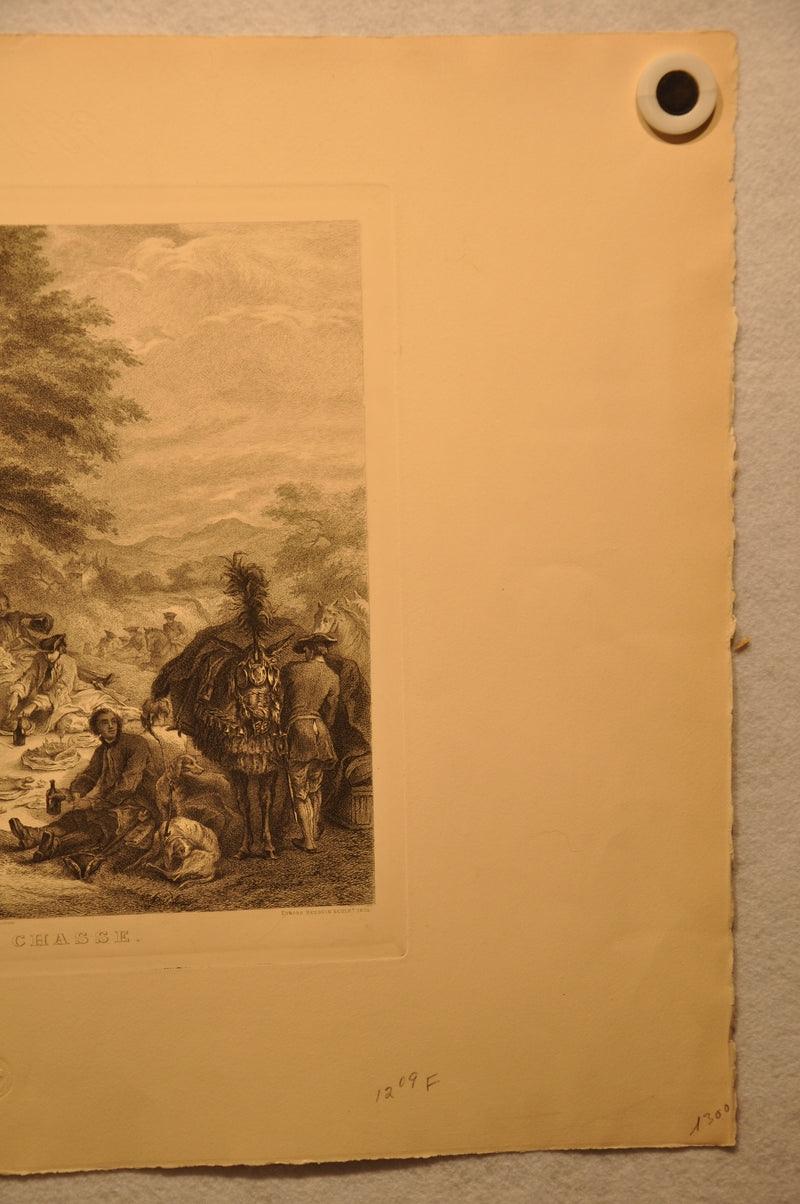 Carle Van Loo "Halte De Chasse" Edmond Hedouin Sculp 1874 20"x26" Etching Print   - TvMovieCards.com