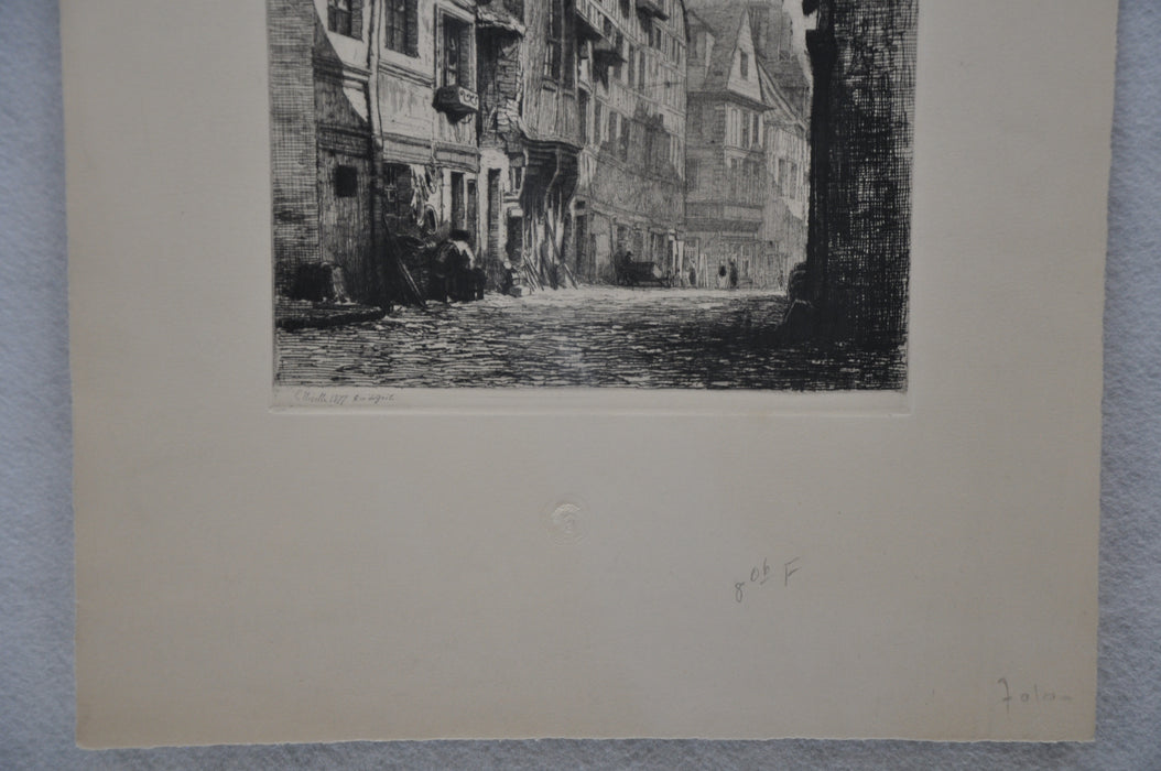 E. Nicolle 1877 "Rue da Gril"  Lithograph Engraving Etching Print 15" x 21"   - TvMovieCards.com