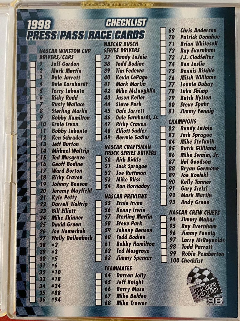 1998 Press Pass Complete Racing 100 Card Set NASCAR - Dale Earnhardt   - TvMovieCards.com