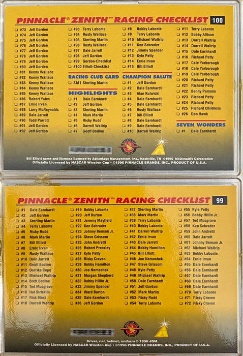 1996 Pinnacle Zenith Complete Racing 100 Card Set NASCAR - Dale Earnhardt   - TvMovieCards.com