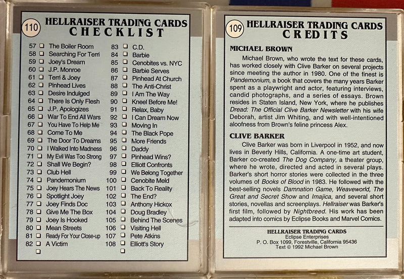 1992 Hellraiser (Horror) Complete Base Trading Card Set 110 Cards Eclipse   - TvMovieCards.com