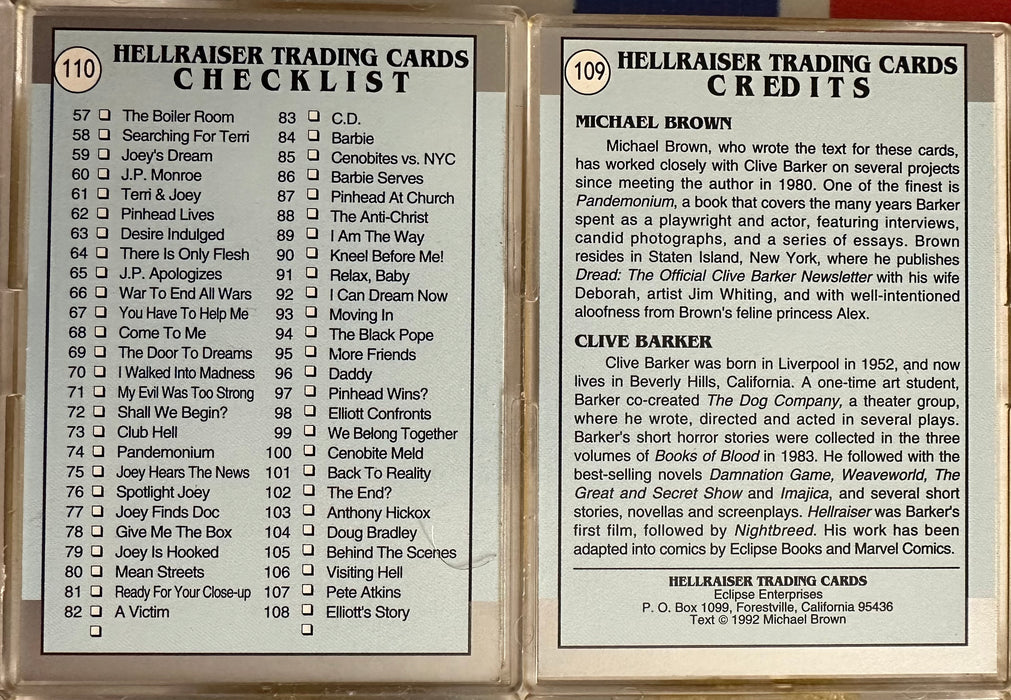 1992 Hellraiser (Horror) Complete Base Trading Card Set 110 Cards Eclipse   - TvMovieCards.com