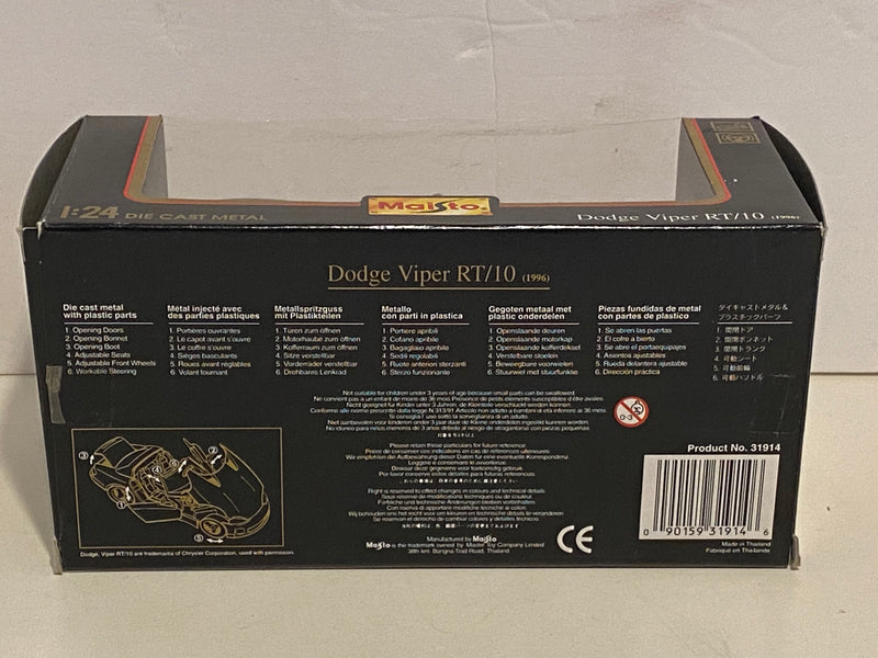Maisto 1/24 Scale Diecast 1996 Dodge Viper RT/10 Black/Silver Stripes 31914   - TvMovieCards.com