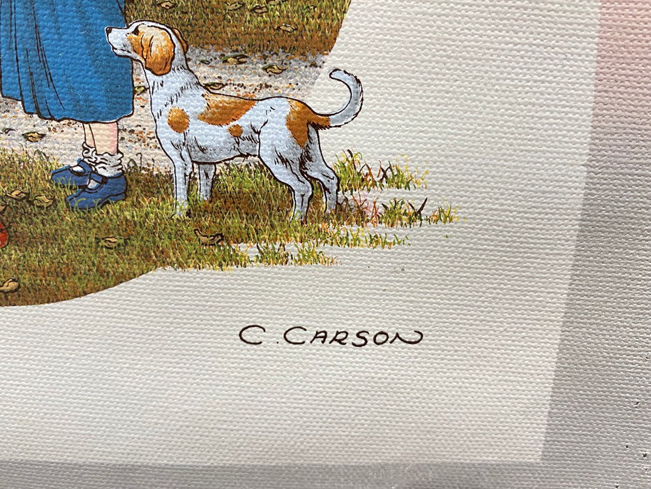 C Carson Original Oil Serigraph Painting 11" x 13" Apple Picking with Dog   - TvMovieCards.com